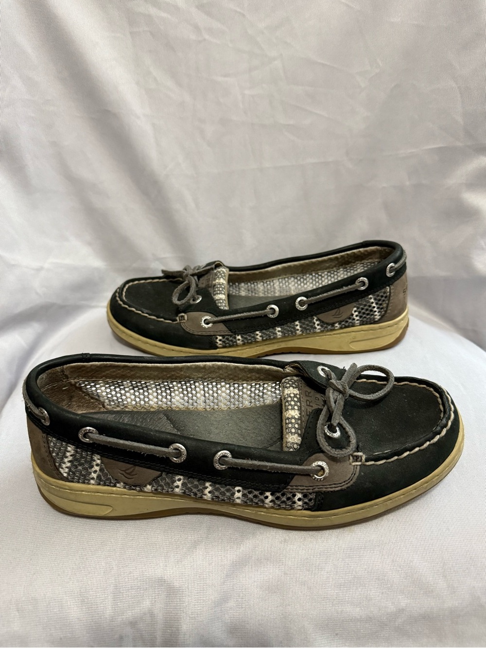 Sperry Top-Sider Women’s 7M Boat Shoes Black Brown Snakeskin Leather Loafers